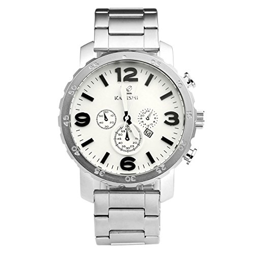 JSDDE Herren-Armbanduhr XL Uhren Herren Edelstahl-Band Kalenderuhr Traveler unecht Chronograph Analog Quarzuhr,Silber/Weiss JSDDE Herren-Armbanduhr XL Uhren Herren Edelstahl-Band Kalenderuhr Traveler unecht Chronograph Analog Quarzuhr,Silber/Weiss