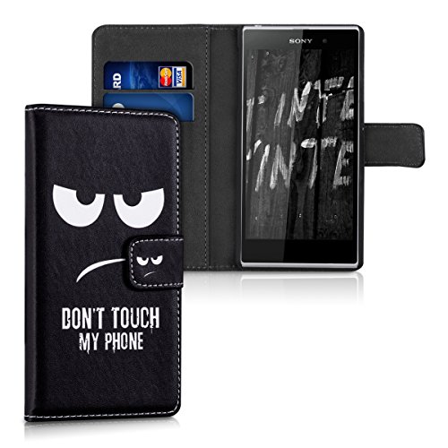 kwmobile HÃ¼lle fÃ¼r Sony Xperia Z1 - Wallet Case Handy SchutzhÃ¼lle Kunstleder - Handycover KlapphÃ¼lle mit Kartenfach und StÃ¤nder Don't touch my Phone Design WeiÃŸ Schwarz
