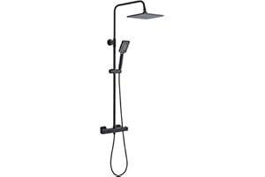 Solepearl Thermostatic Shower Mixer Set Matte Black, Square 38 °C Thermostat Shower Bar Set with 8" Rainfall Head, 3-Function Handheld Sprayer, Anti Scald Twin Head System, Adjustable Height