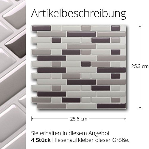 4er Set 28,6 x 25,3 cm Grandora Mosaik 3D Fliesenaufkleber W5203 selbstklebend Küche Bad Wandaufkleber Fliesendekor Folie verschiedene Grautöne - 5