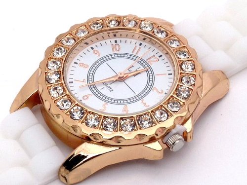 Nerd ,,New York,, Uhr in WEISS mit Strass Steinen Vergoldet BU-298 Nerd ,,New York,, Uhr in WEISS mit Strass Steinen Vergoldet BU-298
