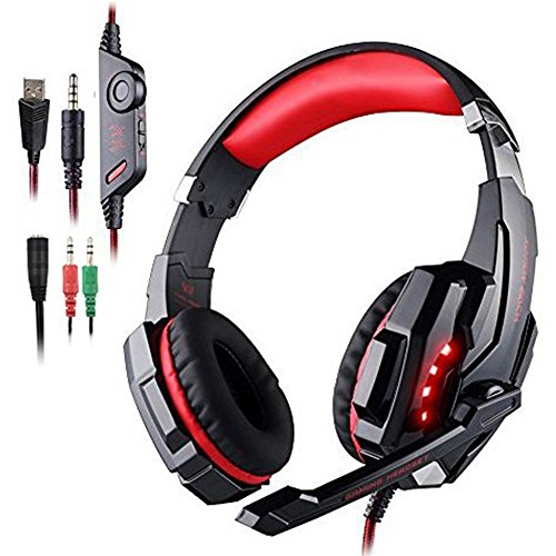 Tsing Auriculares Gaming Cascos PS4, Micrófono Control de Volumen LED Luz 3.5mm Jack, Reducción de ruido, PC/Xbox One/Nintendo Switch/Móvil/Tablet, Rojo(Tiene un adaptador?