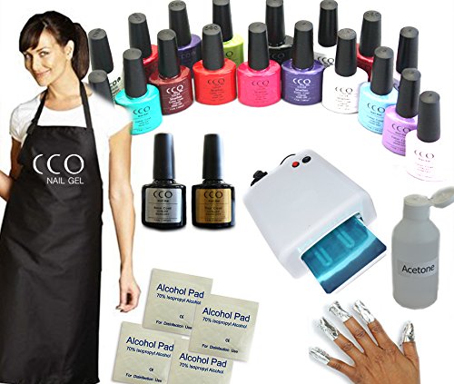 CCO UV NAIL GEL Soak Off Professional Polish coat 36W light Kit Lamp set included 10 Wraps, Top Coat, Base Coat, Cleanser, 10 x Remover Wipes, 4 Colours & Embroidered CCO Apron
