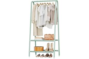 JOISCOPE Metal Clothes Rail, Clothes Rack with 2 Bottom Shelves for Storage, Hanging Rail for Clothes with 62 Inch Sturdy Thickened Steel Pipe, Garment Rack & Clothes Rail for Bedroom, Green