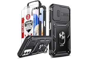 LeYi Funda para Samsung Galaxy A14 4G/A14 5G con [2-Unidades] Cristal Vidrio Templado, Carcasa Cubierta de cámara Deslizante Proteger Full Protección Anillo Soporte Bumper Case Negro