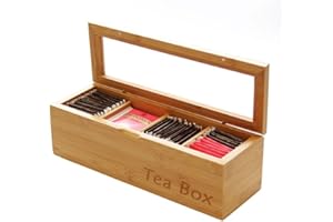 Woodquail Tea Box Caddy Storage Organiser Tidy, Made of Natural Bamboo (4 Compartments)