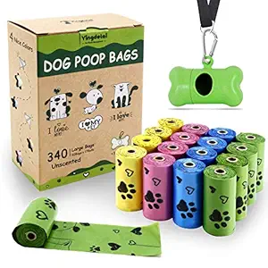 Yingdelai 340 Biodegradable Poop Bags: Unscented Strong Poop Waste Bags for Medium Large Dogs Come with 1 Dispenser (4 Mixed Colors with Cute Design)