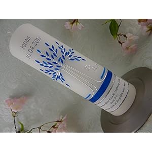 Taufkerze Lebensbaum blau silber mit Spruch Taufspruch Taufkerzen für Jungen 250/70 mm inkl. Beschriftung