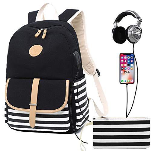 Sac à Dos collège Fille Sac école Toile Dos Ecole Sac à Dos USB Port de Charge Sac De Voyage D'ordinateur Portable Sac À Main pour Garçons Filles Hommes Femmes Loisirs/Affaire/Collège (Noir)