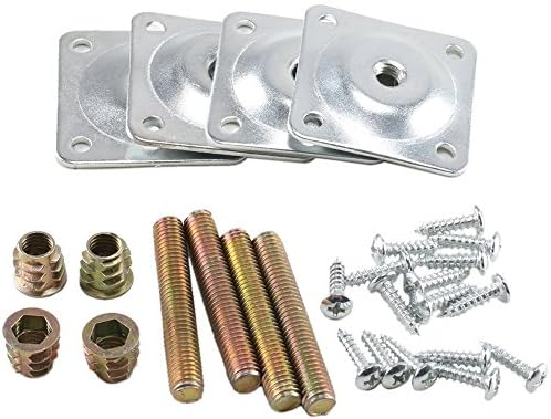 28PCS（4 Sets）Leg Mounting Plates with Hanger Bolts Screws Furniture Fixing Brackets Hardware for Sofas Couche Cabinet Coffee Table ,Galvanized Steel,1.9x1.9 in