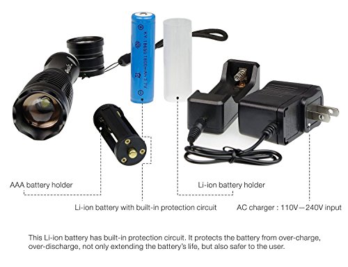 OxyLED MD50 CREE 500LM LED Taschenlampe mit Li-ion Akku, EU Netzteil Akkuladegerät und Batteriehalter, Zoombar, 3 Helligkeitsstufen Portabel für Outdoor Camping, Schwarz - 6