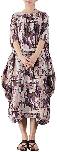 Gearia Women Retro Patterned Half Sleeve Loose Baggy Cotton Linen A-Line Long Maxi Dress Coffee