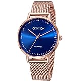 Comtex Damen Uhr Analog Quarz mit Rose Gold Edelstahl Armband Wasserdicht K6441L-BLU