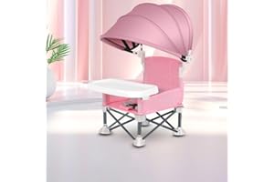 BIMHAYUU Baby Folding Chair with Sun Canopy, Folding Camping Chair with Shade Canopy for Baby Travel,Booster Seat with Tray Folding Portable Design Baby Feeding Chair (Pink)
