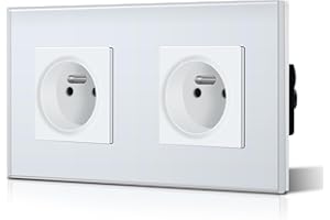BSEED Prise Murale Prises de courant Alternatif 2 Gang Cadre en Verre Trempé Norme Française 16 Amp 240V 157mm Blanc