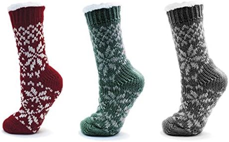 Ladies//womens Fairisle Knit Slipper Socks Boots, Fluffy Lining & Non Slip Soles (Red)