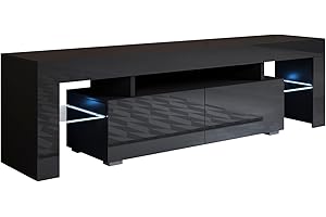 MB Muebles Bonitos, Mueble TV Unai con Luz LED para Salón Moderno, 2 Cajones con Apertura Push, Mueble de Melamina Brillo, Color Negro, 160x45x35 cm