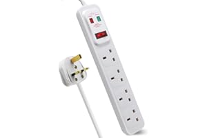 EXTRASTAR Universal Extension Lead, 4 Way Outlets Surge Protection Power Strips with Switch, Wall Mounted 13A/MAX.3120W Fused UK Power Socket (1M, White)