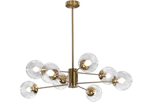 KCO Lighting Lampadario Moderno Sputnik a 8 Luci con Globo in Vetro Trasparente, Lampadario Sputnik in Ottone di Metà Secolo con Montaggio a Filo, Oro per Isola Cucina, Soggiorno (Oro + Trasparente)
