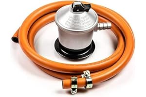 Alqbaio Kit Completo de Regulador Gas Butano, Manguera Homologada de Gas Butano de 1,5 Metros y 2 Abrazaderas | Apto para Cocinas, Barbacoas, Hornillos, Paelleros y Estufas