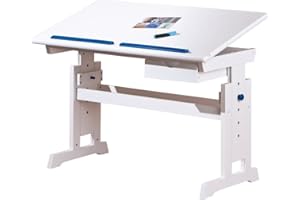 Inter Link Biurko z regulacją wysokości – biurko dla dzieci – biurko dla ucznia – regulacja nachylenia – uchwyt na książki – lite drewno lakierowane na biało – aplikacje w kolorze różowym i niebieskim