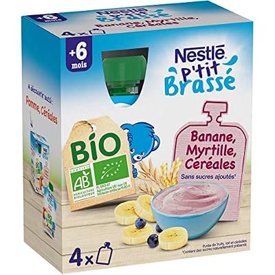 Nestlé Bébé P'tit Brassé BIO - Gourde Lactée Banane Myrtille, Céréales - Dès 6 mois 4x90g - Lot de 6