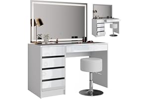 Vicco tavolo da toeletta Sherry, Bianco lucido, 120 cm con specchio e sgabello a LED