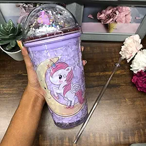 Sajani Acrylic Sipper Bottle/ Sipper Glass Tumbler/ Glitter Sipper Bottle with Straw/ Water Bottle For Kids(Multi Print)