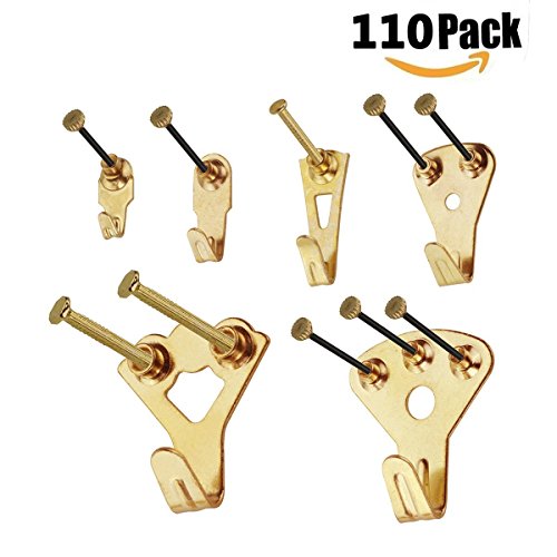 Bildaufhänger 110 Stück Bilderrahmen Uhr Aufhänger Trockenbau Haken Wandbild Hakenrahmen für hängende Gemälde Hochzeitsfotos Spiegelwand Studs für 10-100 lbs, Golden