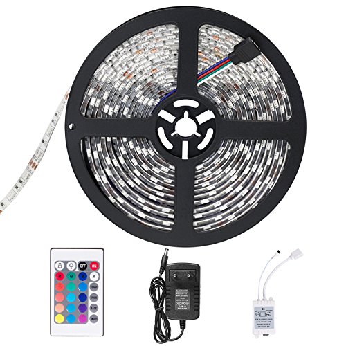 SENDIS Ruban LED Etanche 5M 3528 RGB Multicolore SMD 300 LED Bande Flexible Lumineux Strip Light + Télécommande à infrarouge 24 touches + Alimentation 2A 12V