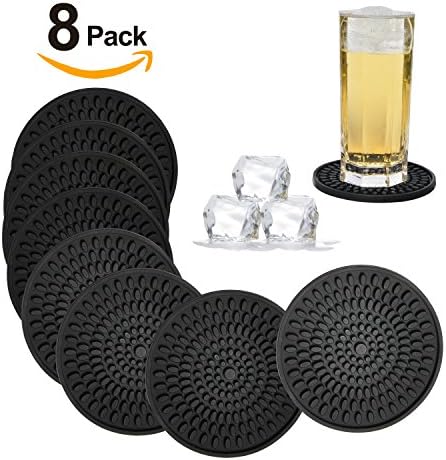 Silicone Drink Coasters Set-Deep Tray,Large 4.3 inches Size Protect Table Desk From Drinks, Beverage,Water or Alcohol Like Whiskey, Beer, Wine,Tropical Cocktails by Kindga … (Black-oval)