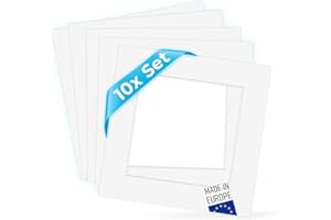 PHOTOLINI Passepartout Karton 10x10 cm außen für Bilder 7x7 cm, Reinweiß, 10er Set, 1,5 mm, säurefrei, alterungsbeständig, Schrägschnitt - Präsentation & Schutz Ihrer Bilder und Fotos