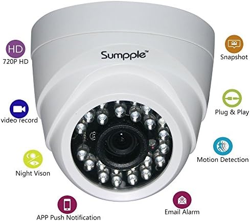 Sumpple Wired/Wireless WiFi HD 1280*720P Network Surveillance Dome Camera Day/Night Vision, Motion Detection, Video Record, Email Alarm for Home/Office/Business, with App and Viewed and Controlled on IOS iPhone iPad, Android Mobile Phone and Tablet or PC