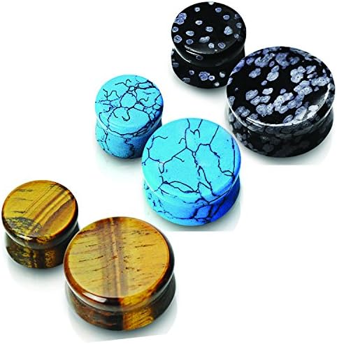 3 Pair of 8g (6 Total) 3mm Obsidian, Turquoise &amp; Tigers Eye Semi Precious Stone Ear Plugs Gauges