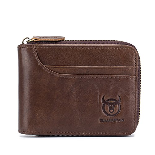 Cartera De Piel, BULLCAPTAIN Billetera con Cremallera de Hombre Piel Cartera de Cera Cuero (Marrón)