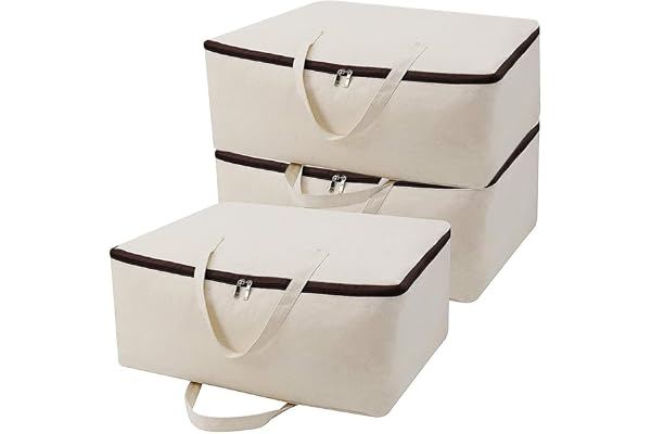3-pack, ventilerande förvaringspåsar av mjuk bomullscanvas med handtag, bra för sängkläder, täcke, filt i garderoben