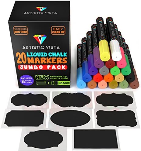 Artistic Vista - Liquid Chalk Pens / Markers. JUMBO 20 PACK with 8 Chalk labels included. Artist Quality. Use on glass, window, chalkboard, blackboard, etc.