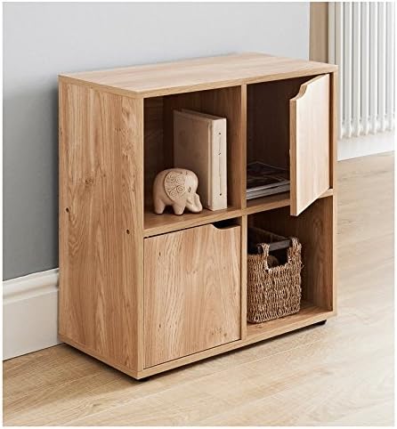 eShop4U MDF Oak Finish 4 Cube Shelf Books CDs & DVDs Storage Unit 2 Doors 2 Open Cubes
