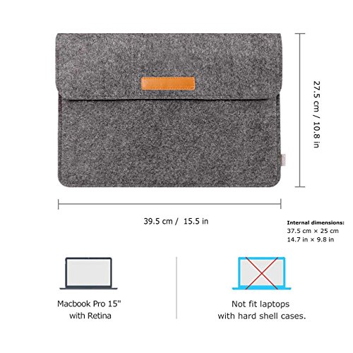Inateck 15 4  MacBook Pro Retina Filz Sleeve H  lle Ultrabook Laptop Tasche Speziell f  r Apple MacBook Pro 15 Zoll 2012-2015 A1398 A1417  Entworfen D