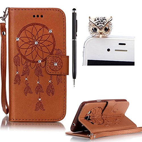 SKYXD für Samsung Galaxy J3 2016 J320FN Hülle Leder Traumfänger Blumen Drucken Muster,Brieftasche Klappbar Glitzer Strass PU Folio Schutzhülle [Kartenfach / Magnet / Standfunktion / Trageschlaufe] Inner Silikon Klapphülle mit [Handyanhänger + Eingabestift] 3 in 1 Zubehör Handy Tasche Etui for Samsung Galaxy J3 2016 J320FN Bookstyle Flip Case Leather Cover With [Stylus and Dust Plug]- Braun