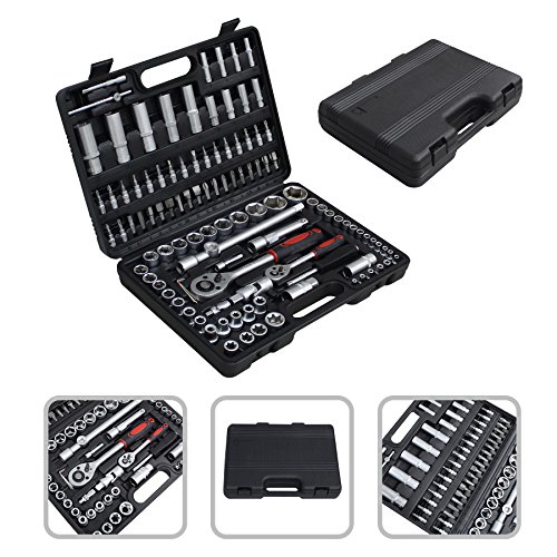 Todeco - Juego de Llaves Tubo, Conjunto de Trinquetes - Tamaño: 38,5 x 27 x 8,5 cm - Material: Acero carbono - con estuche negro, 108 Partes