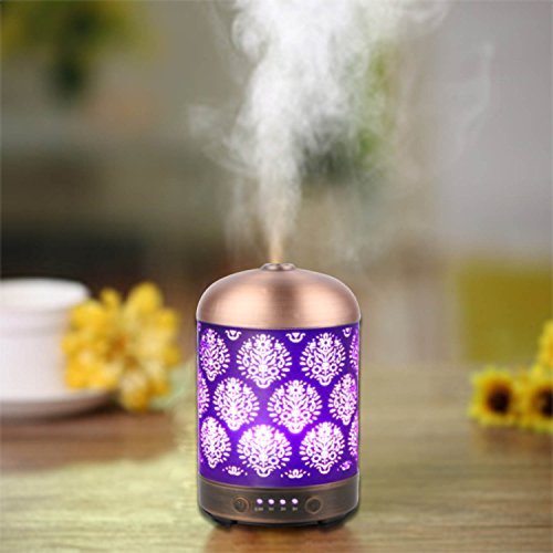 Aromatherapie COOSA 100ml Standard Ultrasonic aroma diffusor Essential Oil Diffuser Papier-geschnittene Fenstergrills Designed EU Plug Standard Cool Aroma Nebel Luftbefeuchter mit 7 bunten LED-Licht für Haus & Büro (Bronze)