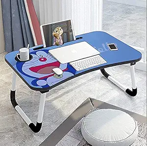 Freshlife Hello Doremon Laptop Table for Child Foldable Multifunction Study Lapdesk Table for Breakfast Bed Tray Study Table Gifts for Kids Smart Lapdesk with Cup Holder & ipad Card Slot(Sky Blue)