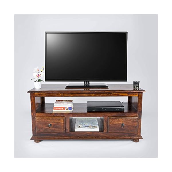 HOMESCAPES TV Media Unit with 2 Drawers 100% Solid Indian Sheesham Hardwood Takhat Furniture Hand Crafted (no veneer)