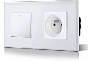 BSEED Interrupteur à Bascule Interrupteur Verre et 16A AC Prise standard français Vitre en Verre 1 Gang 1 voie Interrupteur Mural Blanc