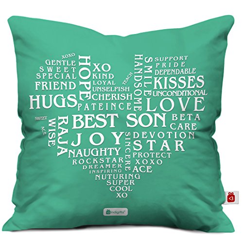 Indigifts Micro Satin Fibre Green 12x12 Filled Birthday Cushion for Son (Multicolour)