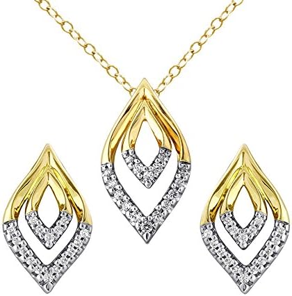 Jewelry Set For Women:.925 Sterling Silver Yellow Plating Necklace Pendant Earring Set Flower Petal Flame Diamond Accent Leverback Drop Dangling Earrings Jewelry Set Free Silver Chain 18"
