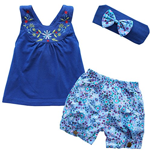 EFE 3pcs Toddler Infant Girls Floral Outfits Headband+Vest Top+Shorts Clothes Set 18-24 Months
