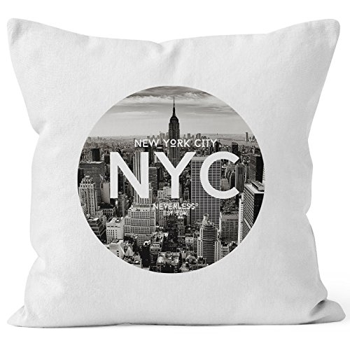 Kissenbezug Kissen-Hülle 40x40 NYC New York City Manhatten Skyline Fotoprint Deko-Kissen aus reiner Baumwolle Autiga® weiß 40cm x 40cm