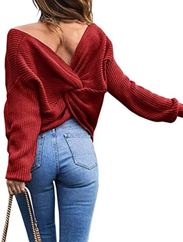 Simaier Women's Sexy Casual V Neck Pullover Loose Backless Batwing Long Sleeve Sweater Knit Tops